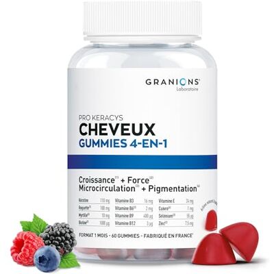 Granions GUMMIES CHEVEUX 4-EN-1 PRO KERACYS Vitamines pour Cheveux Croissance + Force + Microcirculation + Pigmentation Pousse rapide avec Biotine, Zinc, Vitamine B8 et Kératine. Format 1 mois - Publicité Granions GUMMIES CHEVEUX 4-EN-1 PRO KERACYS Vitamines pour Cheveux Croissance + Force + Microcirculation + Pigmentation Pousse rapide avec Biotine, Zinc, Vitamine B8 et Kératine. Format 1 mois - Publicité