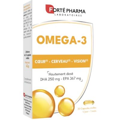 Forté Pharma Complément alimentaire Omega3 Coeur Vision Cerveau 30 capsules Acides gras essentiels, Dosage reconnu 250mg de DHA, 1 seule prise par jour, Capsule molle, Programme 1 mois - Publicité Forté Pharma Complément alimentaire Omega3 Coeur Vision Cerveau 30 capsules Acides gras essentiels, Dosage reconnu 250mg de DHA, 1 seule prise par jour, Capsule molle, Programme 1 mois - Publicité