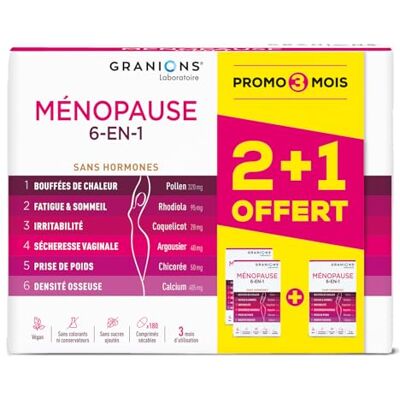 Granions MENOPAUSE 6-EN-1-3 MOIS Menopause Bouffee de Chaleur et Poids Ménopause Perte de Poids Bouffees de Chaleur, Fatigue, Irritabilité, Perte de Poids, Densité Osseuse 180 Comprimés - Publicité Granions MENOPAUSE 6-EN-1-3 MOIS Menopause Bouffee de Chaleur et Poids Ménopause Perte de Poids Bouffees de Chaleur, Fatigue, Irritabilité, Perte de Poids, Densité Osseuse 180 Comprimés - Publicité