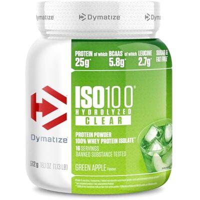 Dymatize ISO 100 Hydrolized Clear Green Apple 512g Hydrolysat de protéine de lactosérum clair + poudre d'isolat - Publicité Dymatize ISO 100 Hydrolized Clear Green Apple 512g Hydrolysat de protéine de lactosérum clair + poudre d'isolat - Publicité