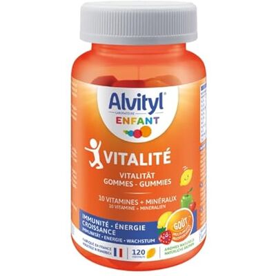 Alvityl Gommes Vitalité MAXI FORMAT 8 vitamines et 2 minéraux – Saveurs naturelles de fruit Dès 4 ans 120 gommes - Publicité Alvityl Gommes Vitalité MAXI FORMAT 8 vitamines et 2 minéraux – Saveurs naturelles de fruit Dès 4 ans 120 gommes - Publicité