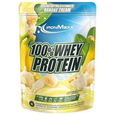 IronMaxx 100% Whey Protein Poudre Crème Banane Sachet de 500g poudre de protéine de lactosérum réduite en sucre et soluble dans l'eau de nombreuses saveurs différentes - Publicité IronMaxx 100% Whey Protein Poudre Crème Banane Sachet de 500g poudre de protéine de lactosérum réduite en sucre et soluble dans l'eau de nombreuses saveurs différentes - Publicité