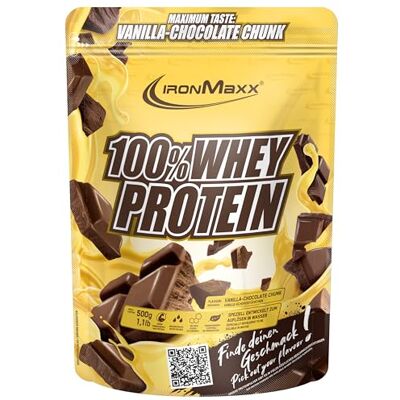 IronMaxx 100% Whey Protein Poudre Vanille Choco Chunk Sachet de 500g poudre de protéine de lactosérum réduite en sucre et soluble dans l'eau de nombreuses saveurs différentes - Publicité IronMaxx 100% Whey Protein Poudre Vanille Choco Chunk Sachet de 500g poudre de protéine de lactosérum réduite en sucre et soluble dans l'eau de nombreuses saveurs différentes - Publicité