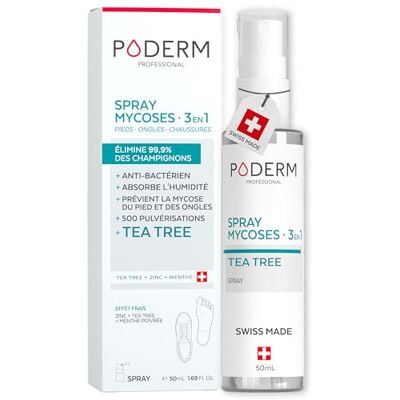 PODERM Spray Mycoses 3-en-1 pour Ongles, Pieds & Chaussures Action Antifongique – Élimine 99,9% des Champignons & Bactéries en 1h Tea Tree, Zinc & Menthe Swiss Made Créé par une Podologue - Publicité PODERM Spray Mycoses 3-en-1 pour Ongles, Pieds & Chaussures Action Antifongique – Élimine 99,9% des Champignons & Bactéries en 1h Tea Tree, Zinc & Menthe Swiss Made Créé par une Podologue - Publicité