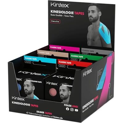 Kintex Kinesiological Tape Classic Auto-adhésif, Élastique, Résistant à l’eau et Antiallergique Bandage sportif et Kinésiotape pour Blessures liées au Sport 6 Rouleaux de 5 cm x 5 m - Publicité Kintex Kinesiological Tape Classic Auto-adhésif, Élastique, Résistant à l’eau et Antiallergique Bandage sportif et Kinésiotape pour Blessures liées au Sport 6 Rouleaux de 5 cm x 5 m - Publicité