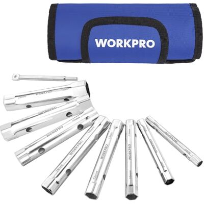 WORKPRO Jeu de 9 Clés à Bougie et à Pipe Clés à Tube de 6x7 à 20x22 mm avec Barre de Rotation et Sac de Rangement, pour Réparation Auto et Bricolage - Publicité WORKPRO Jeu de 9 Clés à Bougie et à Pipe Clés à Tube de 6x7 à 20x22 mm avec Barre de Rotation et Sac de Rangement, pour Réparation Auto et Bricolage - Publicité