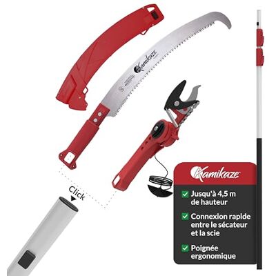 KAMIKAZE PERFORMANCE IN YOUR HANDS Kamikaze Kit d’Élagage en Hauteur 2 en 1 4,5 m – Coupe-Branche Télescopique avec Sécateur Télescopique + Scie Télescopique, Tête Rotative, Attache Rapide, Compatible avec Outils Wolf (3 x 1,5 m) - Publicité KAMIKAZE PERFORMANCE IN YOUR HANDS Kamikaze Kit d’Élagage en Hauteur 2 en 1 4,5 m – Coupe-Branche Télescopique avec Sécateur Télescopique + Scie Télescopique, Tête Rotative, Attache Rapide, Compatible avec Outils Wolf (3 x 1,5 m) - Publicité