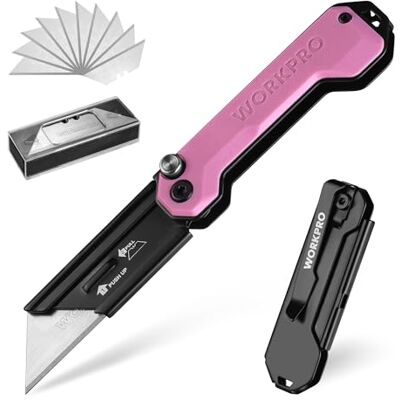 WORKPRO Couteau Utilitaire Pliant et Cutter de Poche avec Mécanisme de Changement Rapide, Manche en G10, avec 10 Lames SK5 Supplémentaires, Idéal pour Coupe de Cuir, PVC, Papier, Rose - Publicité WORKPRO Couteau Utilitaire Pliant et Cutter de Poche avec Mécanisme de Changement Rapide, Manche en G10, avec 10 Lames SK5 Supplémentaires, Idéal pour Coupe de Cuir, PVC, Papier, Rose - Publicité