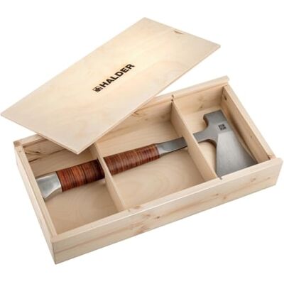 Halder Hachette, Avec poignée en cuir, avec ceinture à poche en cuir de qualité protégeant les lames ; dans un joli coffret cadeau en bois 3555s001 - Publicité Halder Hachette, Avec poignée en cuir, avec ceinture à poche en cuir de qualité protégeant les lames ; dans un joli coffret cadeau en bois 3555s001 - Publicité