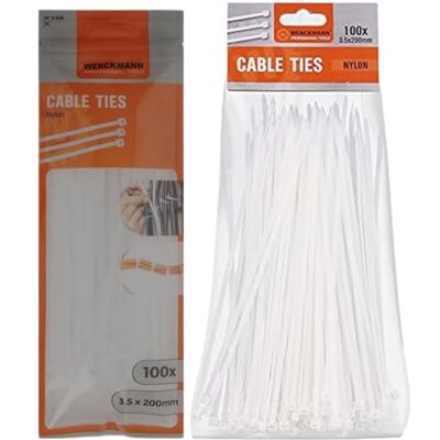 Werckmann Professional Tools Serre-Câbles 100 Pcs 3,5 x 200 mm Nylon (blanc) - Publicité Werckmann Professional Tools Serre-Câbles 100 Pcs 3,5 x 200 mm Nylon (blanc) - Publicité