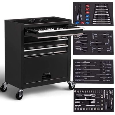 AREBOS Chariot d'atelier avec 4 Compartiments 4 tiroirs à roulement à Billes avec 81 pièces d'outils équipé de Tapis antidérapants 2 roulettes avec Frein de Blocage Noir - Publicité AREBOS Chariot d'atelier avec 4 Compartiments 4 tiroirs à roulement à Billes avec 81 pièces d'outils équipé de Tapis antidérapants 2 roulettes avec Frein de Blocage Noir - Publicité