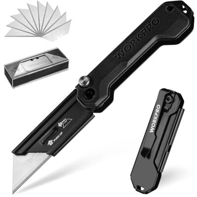 WORKPRO Couteau Utilitaire Pliant et Cutter de Poche avec Mécanisme de Changement Rapide, Manche en G10, avec 10 Lames SK5 Supplémentaires, Idéal pour Coupe de Cuir, PVC, Papier, Noir - Publicité WORKPRO Couteau Utilitaire Pliant et Cutter de Poche avec Mécanisme de Changement Rapide, Manche en G10, avec 10 Lames SK5 Supplémentaires, Idéal pour Coupe de Cuir, PVC, Papier, Noir - Publicité