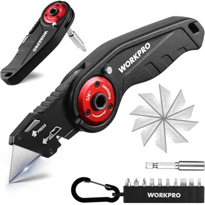 WORKPRO Cutter Multifonction Pliable 2-en-1 avec Tournevis à Cliquet Cutter Utilitaire avec 10 Embouts et 10 Lames SK5, Changement Rapide de Lame, Manche en Aluminium pour Réparations et DIY - Publicité WORKPRO Cutter Multifonction Pliable 2-en-1 avec Tournevis à Cliquet Cutter Utilitaire avec 10 Embouts et 10 Lames SK5, Changement Rapide de Lame, Manche en Aluminium pour Réparations et DIY - Publicité