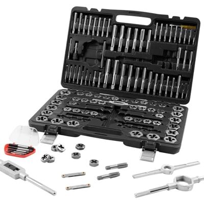 VEVOR Jeu de tarauds et filières de 116 pièces avec taille métrique et SAE, tarauds et matrices en acier à roulement, outil de filetage essentiel pour couper des filetages internes externes, avec - Publicité VEVOR Jeu de tarauds et filières de 116 pièces avec taille métrique et SAE, tarauds et matrices en acier à roulement, outil de filetage essentiel pour couper des filetages internes externes, avec - Publicité