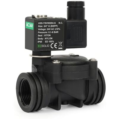 U.S. Solid Électrovanne plastique (nylon) 3/4" G 24 V AC, 0,1-8 bar, normalement fermé, joint VITON pour eau, air - Publicité U.S. Solid Électrovanne plastique (nylon) 3/4" G 24 V AC, 0,1-8 bar, normalement fermé, joint VITON pour eau, air - Publicité