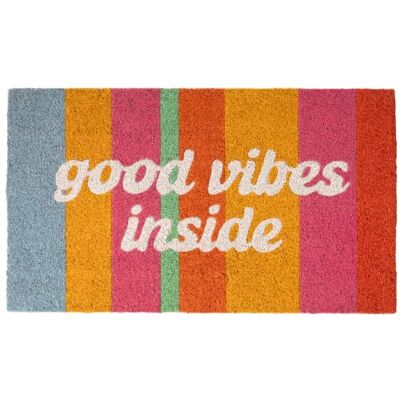 FISURA . – Paillasson d'entrée "good vibes inside" en fibre de coco avec base antidérapante en PVC. Tapis original multicolore peint à la main. Dimensions : 70 cm x 40 cm. Publicité FISURA . – Paillasson d'entrée "good vibes inside" en fibre de coco avec base antidérapante en PVC. Tapis original multicolore peint à la main. Dimensions : 70 cm x 40 cm. Publicité