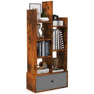 GOPLUS Bibliothèque avec Tiroir Amovible et 7 Étagères de Rangement, Dispositif Anti-Bascule, Design en Forme d'arbre, pour Salon, Chambre, Étude, Bureau, Style Industriel, 53 x 24 x 118 CM, Brun - Publicité