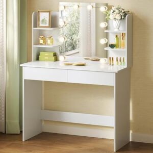 WOLTU Coiffeuse avec Miroir LED à Luminosité Réglable, Coiffeuse avec Rangement, 2 Tiroirs & 4 Étagères, Table de Maquillage Blanche en Bois, Meuble Chambre Style Moderme, Blanc - Publicité WOLTU Coiffeuse avec Miroir LED à Luminosité Réglable, Coiffeuse avec Rangement, 2 Tiroirs & 4 Étagères, Table de Maquillage Blanche en Bois, Meuble Chambre Style Moderme, Blanc - Publicité