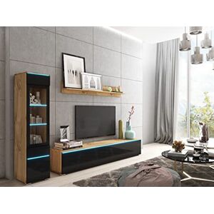 Muebles Slavic Ensemble de Meubles de Salon Vera I, Meuble TV Rangement pour Salon Design, Vitrine avec Éclairage LED, Long Banc TV 180cm, Étagère Murale, Stratifié, Wotan et Noir Brillant - Publicité Muebles Slavic Ensemble de Meubles de Salon Vera I, Meuble TV Rangement pour Salon Design, Vitrine avec Éclairage LED, Long Banc TV 180cm, Étagère Murale, Stratifié, Wotan et Noir Brillant - Publicité