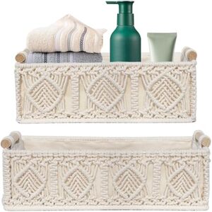 Sporgo Paniers de rangement en macramé (2), coton blanc, 2 tailles : 34 x 15 x 10 cm & 30 x 14 x 10 cm, tissés à la main, pour salle de bain, chambre et organisation de placard - Publicité Sporgo Paniers de rangement en macramé (2), coton blanc, 2 tailles : 34 x 15 x 10 cm & 30 x 14 x 10 cm, tissés à la main, pour salle de bain, chambre et organisation de placard - Publicité