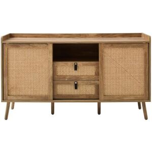 Calicosy – Buffet 2 Portes Coulissantes et 2 Tiroirs – Façades Rotin Naturel, Poignées Cuir PU Noir – Collection Palmo – Salon, Salle à Manger – L 140 x P 39 x H 80 cm - Publicité Calicosy – Buffet 2 Portes Coulissantes et 2 Tiroirs – Façades Rotin Naturel, Poignées Cuir PU Noir – Collection Palmo – Salon, Salle à Manger – L 140 x P 39 x H 80 cm - Publicité
