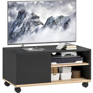 HOMCOM Meuble TV sur roulettes avec 2 Freins 2 niches + Placard Porte 2 Passe-Fil en Bois Noir chêne Clair - Publicité HOMCOM Meuble TV sur roulettes avec 2 Freins 2 niches + Placard Porte 2 Passe-Fil en Bois Noir chêne Clair - Publicité