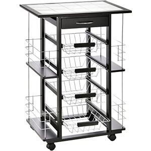 HOMCOM Chariot de Service desserte de Cuisine à roulettes Multi-rangements 4 paniers métal tiroir + 4 Range-Bouteilles Bois pin Noir Plateau carrelé Blanc - Publicité HOMCOM Chariot de Service desserte de Cuisine à roulettes Multi-rangements 4 paniers métal tiroir + 4 Range-Bouteilles Bois pin Noir Plateau carrelé Blanc - Publicité