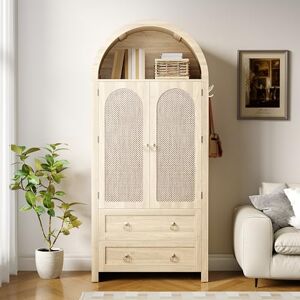 Merax Buffet 80 x 40 x 180 cm, style arqué en rotin avec 2 tiroirs, portes en osier, armoire de rangement polyvalente pour salon et chambre à coucher, couleur bois - Publicité Merax Buffet 80 x 40 x 180 cm, style arqué en rotin avec 2 tiroirs, portes en osier, armoire de rangement polyvalente pour salon et chambre à coucher, couleur bois - Publicité