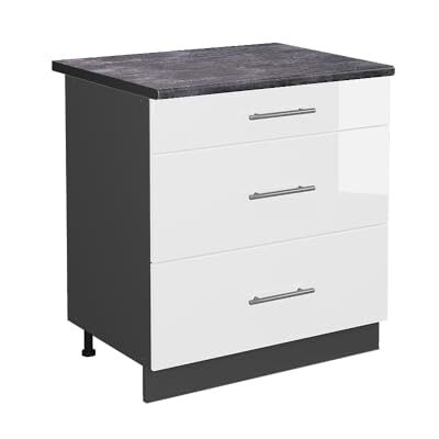 Vicco Meuble Cuisine Fame-Line, Blanc Haute Brillance, 80cm avec 3 tiroirs, PT Anthracite, à Combiner avec d'autres modules de la série Fame-Line - Publicité Vicco Meuble Cuisine Fame-Line, Blanc Haute Brillance, 80cm avec 3 tiroirs, PT Anthracite, à Combiner avec d'autres modules de la série Fame-Line - Publicité