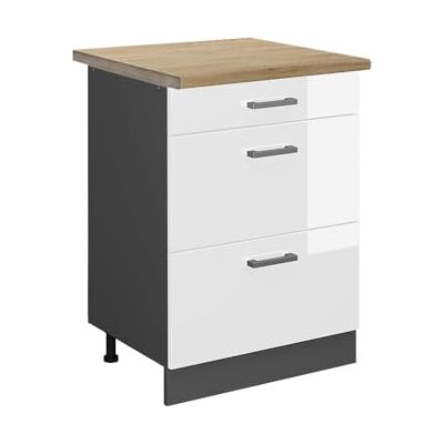 Vicco Meuble Cuisine R-Line, Blanc Haute Brillance, 60cm avec tiroirs, PT Chêne, pour Une Combinaison Libre au Sein de systèmes de Cuisine modulaires - Publicité Vicco Meuble Cuisine R-Line, Blanc Haute Brillance, 60cm avec tiroirs, PT Chêne, pour Une Combinaison Libre au Sein de systèmes de Cuisine modulaires - Publicité