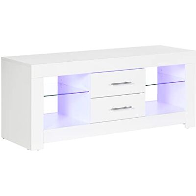 HOMCOM Meuble TV de 55" avec lumières LED 12 couleurs et télécommande, meuble de salon en bois avec étagères en verre 120 x 40 x 50 cm, blanc - Publicité HOMCOM Meuble TV de 55" avec lumières LED 12 couleurs et télécommande, meuble de salon en bois avec étagères en verre 120 x 40 x 50 cm, blanc - Publicité