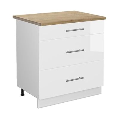 Vicco Meuble Cuisine Fame-Line, Blanc Haute Brillance, 80cm avec 3 tiroirs, PT Chêne, à Combiner avec d'autres modules de la série Fame-Line - Publicité Vicco Meuble Cuisine Fame-Line, Blanc Haute Brillance, 80cm avec 3 tiroirs, PT Chêne, à Combiner avec d'autres modules de la série Fame-Line - Publicité
