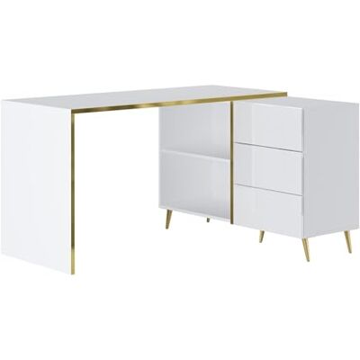 Unique Bureau d'angle avec tiroirs et niches Blanc Brillant et doré MARZIALO avec Rangement - Publicité Unique Bureau d'angle avec tiroirs et niches Blanc Brillant et doré MARZIALO avec Rangement - Publicité