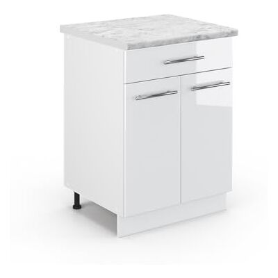 Vicco Meuble Cuisine Fame-Line, Blanc Haute Brillance, 60cm avec tiroir, PT Marbre, à Combiner avec d'autres modules de la série Fame-Line - Publicité Vicco Meuble Cuisine Fame-Line, Blanc Haute Brillance, 60cm avec tiroir, PT Marbre, à Combiner avec d'autres modules de la série Fame-Line - Publicité