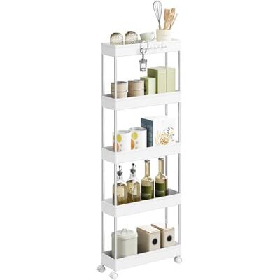WOLTU Chariot de Rangement 5 Niveaux, Desserte à roulettes Mobile avec 4 Crochets, pour Cuisine, Salle de Bain, Petit Espace, en Plastique et Métal, 41,5 x 112 x 13,5 cm, Blanc - Publicité WOLTU Chariot de Rangement 5 Niveaux, Desserte à roulettes Mobile avec 4 Crochets, pour Cuisine, Salle de Bain, Petit Espace, en Plastique et Métal, 41,5 x 112 x 13,5 cm, Blanc - Publicité