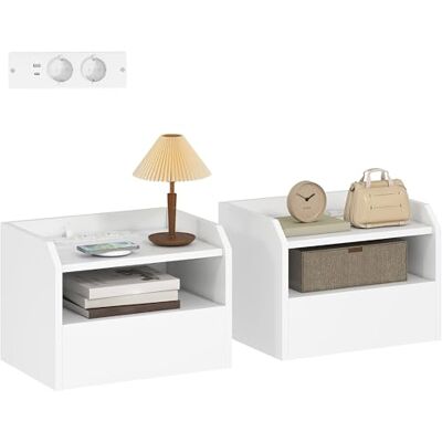 HOMCOM Set of 2 Floating Bedside Tables with Charging Station, Bedroom Bedside Tables, Drawer, Open Shelf, Wall Mounted, Modern Style, for Living Room, 40x29x29 cm, White - Publicité HOMCOM Set of 2 Floating Bedside Tables with Charging Station, Bedroom Bedside Tables, Drawer, Open Shelf, Wall Mounted, Modern Style, for Living Room, 40x29x29 cm, White - Publicité