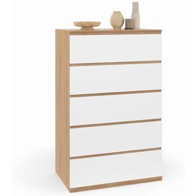 IDMarket Chiffonnier 5 tiroirs TOMI 60 cm Commode semainier Bois façon hêtre et Blanc - Publicité IDMarket Chiffonnier 5 tiroirs TOMI 60 cm Commode semainier Bois façon hêtre et Blanc - Publicité