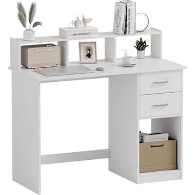 Mondeer Bureau Blanc, Bureau avec Rangements avec 2 Tiroirs et Étagères, Bureau Ordinateur pour Postes de Travail, Chambre Étudiante, Écritur, 105 x 48 x 94 cm - Publicité Mondeer Bureau Blanc, Bureau avec Rangements avec 2 Tiroirs et Étagères, Bureau Ordinateur pour Postes de Travail, Chambre Étudiante, Écritur, 105 x 48 x 94 cm - Publicité