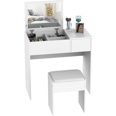 HOMCOM Coiffeuse avec Miroir Rabattable rembourré et tiroir Coulissant Blanc - Publicité HOMCOM Coiffeuse avec Miroir Rabattable rembourré et tiroir Coulissant Blanc - Publicité