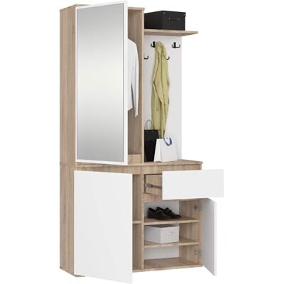 AKORD Ensemble de Vestiaire d'Entrée avec Miroir 95 cm, 3 Portes, 1 Tiroir, 7 Étagères Meuble d'Entrée Optimum pour Petits Espaces Couloir ou Entrée Étroit Chêne-Sonoma & Blanc - Publicité AKORD Ensemble de Vestiaire d'Entrée avec Miroir 95 cm, 3 Portes, 1 Tiroir, 7 Étagères Meuble d'Entrée Optimum pour Petits Espaces Couloir ou Entrée Étroit Chêne-Sonoma & Blanc - Publicité