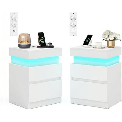 VASAGLE Kailyn Collection Table de Chevet, Lot de 2, avec Multiprise, Couvercle Coulissant, 2 Tiroirs, Bande LED, Petite Table d’Appoint, Style Moderne, 35 x 40 x 55 cm, Blanc Neige LET840WB01 - Publicité VASAGLE Kailyn Collection Table de Chevet, Lot de 2, avec Multiprise, Couvercle Coulissant, 2 Tiroirs, Bande LED, Petite Table d’Appoint, Style Moderne, 35 x 40 x 55 cm, Blanc Neige LET840WB01 - Publicité