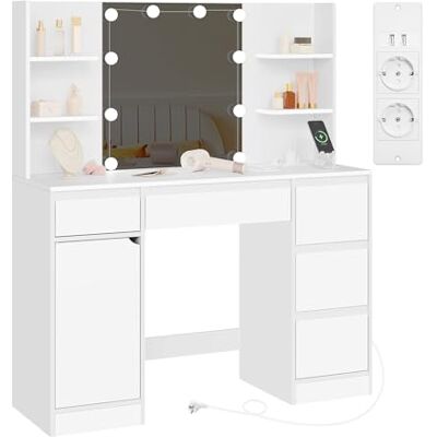 WOLTU Coiffeuse avec Miroir LED, Multiprise, Éclairage Réglable, Grande Coiffeuse avec 5 Tiroirs, Étagères Ouvertes, Armoire, Table de Maquillage en Bois pour Chambre, Blanc, MB6117ws - Publicité WOLTU Coiffeuse avec Miroir LED, Multiprise, Éclairage Réglable, Grande Coiffeuse avec 5 Tiroirs, Étagères Ouvertes, Armoire, Table de Maquillage en Bois pour Chambre, Blanc, MB6117ws - Publicité