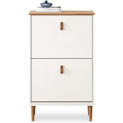 IDIMEX Meuble à chaussures entrée Mikka 2 abattants en bois massif coloris blanc et chêne pour jusqu'à 10 paires 59 x 96 x 25 cm idéal pour le couloir rangement peu encombrant étagère poignées en cuir - Publicité IDIMEX Meuble à chaussures entrée Mikka 2 abattants en bois massif coloris blanc et chêne pour jusqu'à 10 paires 59 x 96 x 25 cm idéal pour le couloir rangement peu encombrant étagère poignées en cuir - Publicité