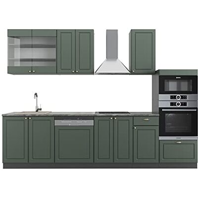 Vicco Cuisine Fame-Line, Vert et Or Campagne/Anthracite, 300cm avec Armoire Haute, sans PT, Extensible avec des modules supplémentaires et Disposition Variable - Publicité Vicco Cuisine Fame-Line, Vert et Or Campagne/Anthracite, 300cm avec Armoire Haute, sans PT, Extensible avec des modules supplémentaires et Disposition Variable - Publicité