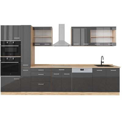 Vicco Cuisine R-Line, Anthracite Brillant/Chêne doré, 350cm avec Armoire Haute, PT Chêne, adapté à Une Extension individuelle et à Une Disposition Flexible - Publicité Vicco Cuisine R-Line, Anthracite Brillant/Chêne doré, 350cm avec Armoire Haute, PT Chêne, adapté à Une Extension individuelle et à Une Disposition Flexible - Publicité