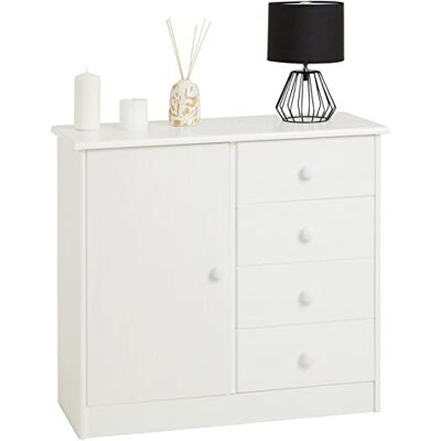 IDIMEX Commode en pin Massif Blanc Rondo Buffet Meuble de Rangement avec 4 tiroirs et Une Porte - Publicité IDIMEX Commode en pin Massif Blanc Rondo Buffet Meuble de Rangement avec 4 tiroirs et Une Porte - Publicité
