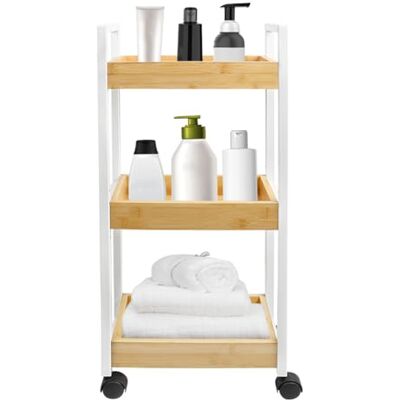 LANTUS Étagère Mince de Salle de Bains, Gain de Place, Bambou, Chariot de Rangement à 3 Niveaux sur roulettes,Étagère Debout 3 paniers dim. 30L x 20l x 80H cm-Blanc - Publicité LANTUS Étagère Mince de Salle de Bains, Gain de Place, Bambou, Chariot de Rangement à 3 Niveaux sur roulettes,Étagère Debout 3 paniers dim. 30L x 20l x 80H cm-Blanc - Publicité