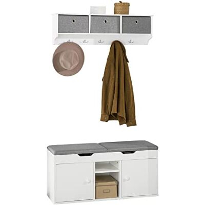 SoBuy Meuble d'Entrée Ensemble Portemanteau Mural 3 Tiroirs + Banc de Rangement avec Coussin Rembourré 2 Places, 2 Etagères et 2 Portes FRG282-W + FSR96-W - Publicité SoBuy Meuble d'Entrée Ensemble Portemanteau Mural 3 Tiroirs + Banc de Rangement avec Coussin Rembourré 2 Places, 2 Etagères et 2 Portes FRG282-W + FSR96-W - Publicité