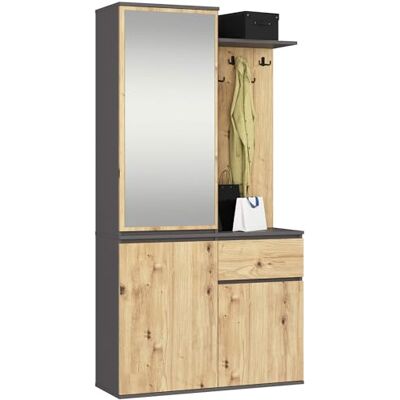 AKORD Ensemble de Vestiaire d'Entrée avec Miroir 95 cm, 3 Portes, 1 Tiroir, 7 Étagères Meuble d'Entrée Optimum pour Petits Espaces Couloir ou Entrée Étroit Gris-Graphite & Chêne-Artisanalal - Publicité AKORD Ensemble de Vestiaire d'Entrée avec Miroir 95 cm, 3 Portes, 1 Tiroir, 7 Étagères Meuble d'Entrée Optimum pour Petits Espaces Couloir ou Entrée Étroit Gris-Graphite & Chêne-Artisanalal - Publicité
