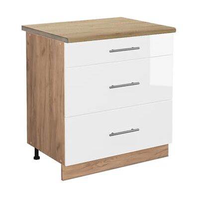 Vicco Meuble Cuisine Fame-Line, Blanc Haute Brillance, 80cm avec 3 tiroirs, PT Chêne, à Combiner avec d'autres modules de la série Fame-Line - Publicité Vicco Meuble Cuisine Fame-Line, Blanc Haute Brillance, 80cm avec 3 tiroirs, PT Chêne, à Combiner avec d'autres modules de la série Fame-Line - Publicité